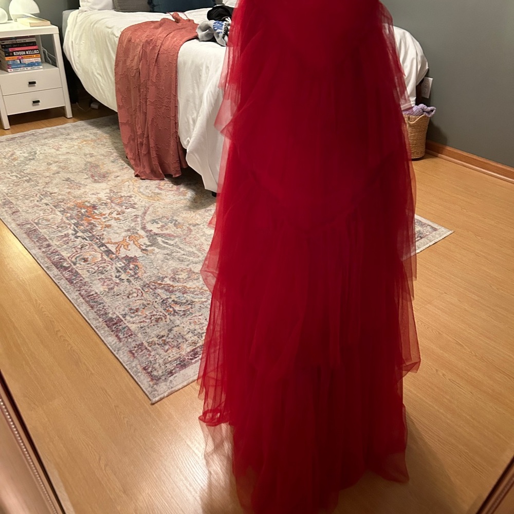 Betsy & Adam Red Tiered Tulle Prom Dress - Picture 9 of 10